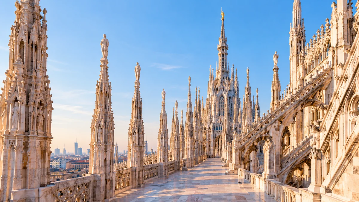 The Duomo terraces in clear morning light with spires lining the walkway