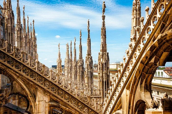 Lacy Gothic tracery and pinnacles seen from the roof walkway